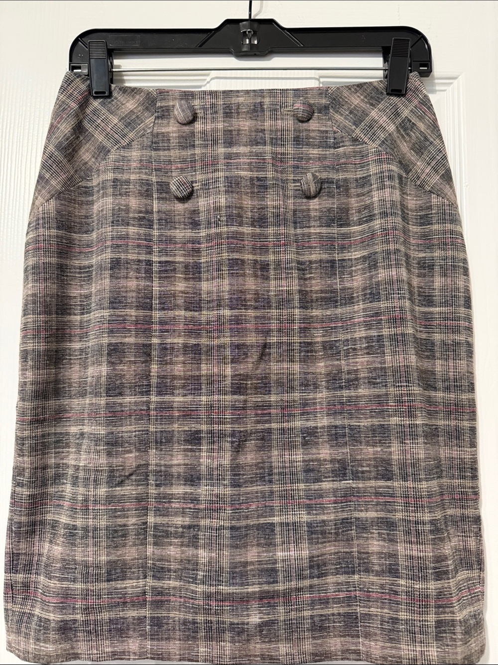 White House Black Market Plaid Pencil Skirt in Beige, Gray and Navy